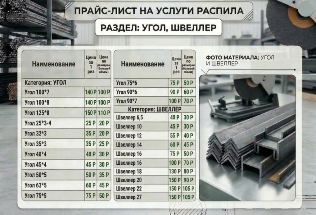 Прайс-лист на распил металлических углов и швеллеров