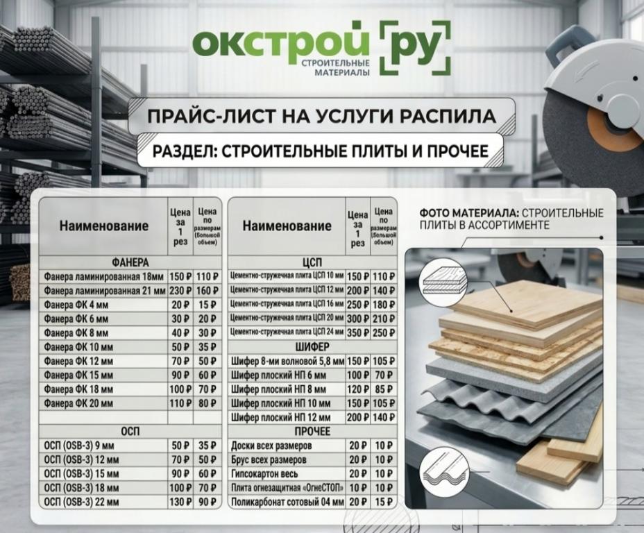 Прайс-лист на распил строительных плит и пиломатериалов